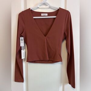 Babaton Contour Deep V-Neck Long Sleeve Top in Chocolate Opal